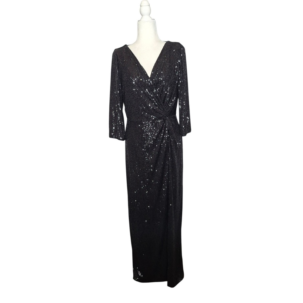 Alex Evenings Black Long Sequin Gown 3/4 Sleeve Formal Dress Size 12